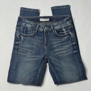 Zara Womens Cropped Jeans Blue Distressed Whiskered Pockets Medium Wash Denim 2